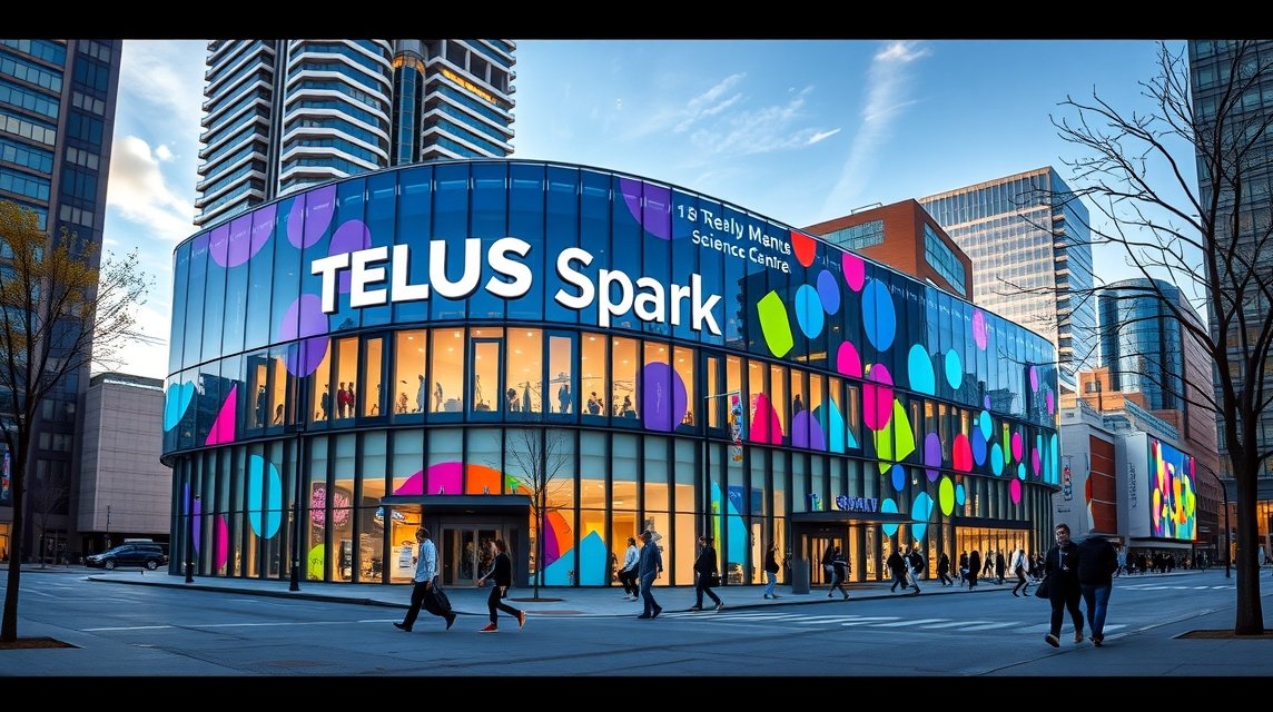 A TELUS Spark tudományos központ épülete Calgaryban, színes dizájnnal.