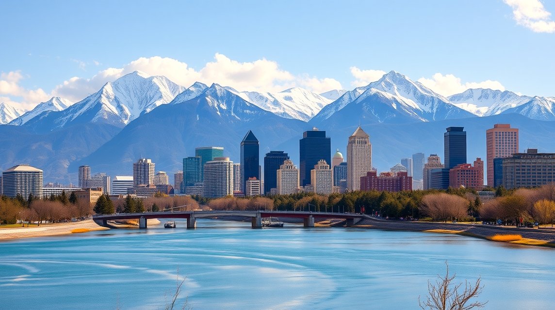 Calgary városképe a Sziklás-hegység háttérben