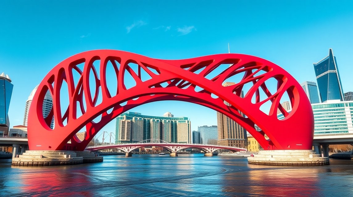A Béke híd Calgary városában, piros-fehér acélszerkezet a Bow folyó felett.