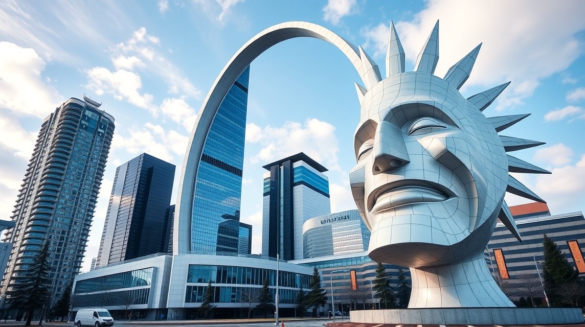 The Bow felhőkarcoló és az óriásfej szobor Calgaryban