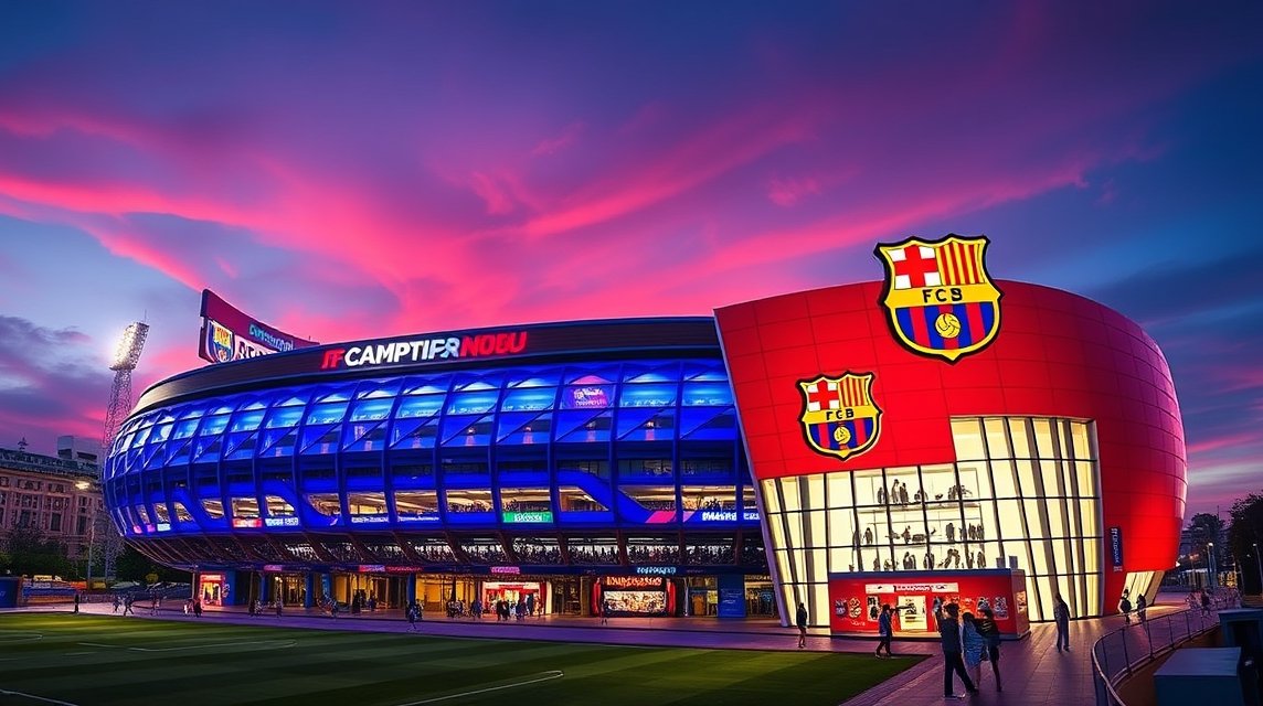 Camp Nou stadion Barcelona estei fényben