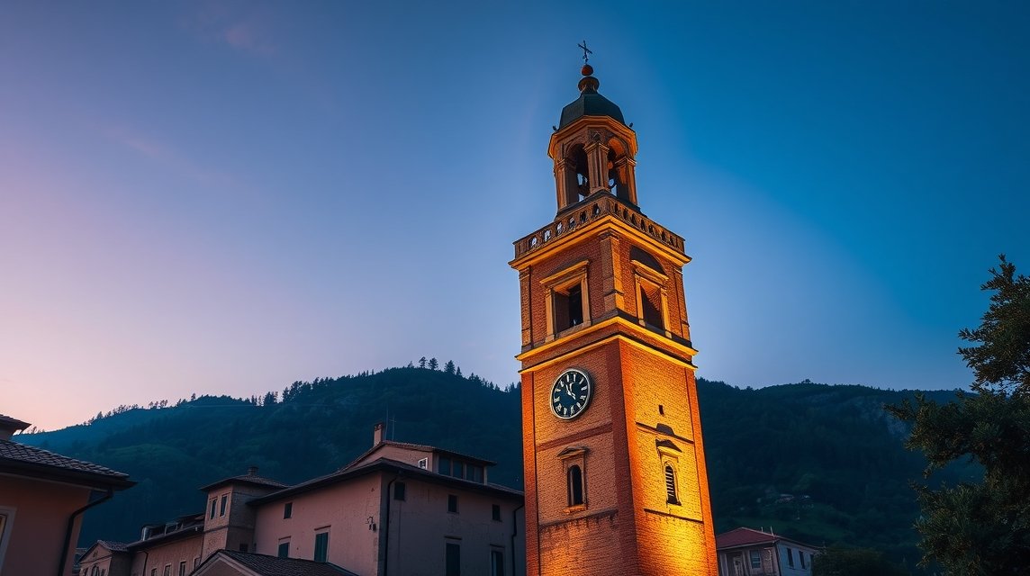 Campanone harangtorony Bergamóban, élénk esti fényben