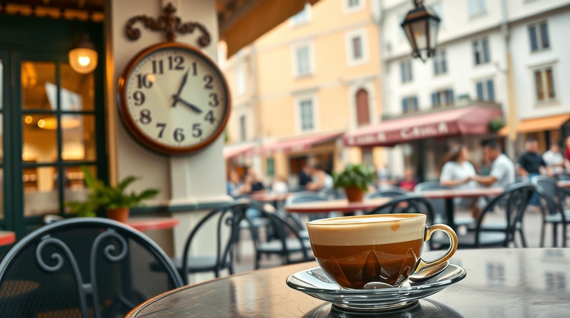Cappuccino a teraszon, óriási faliórával a háttérben, olasz gasztronómia.