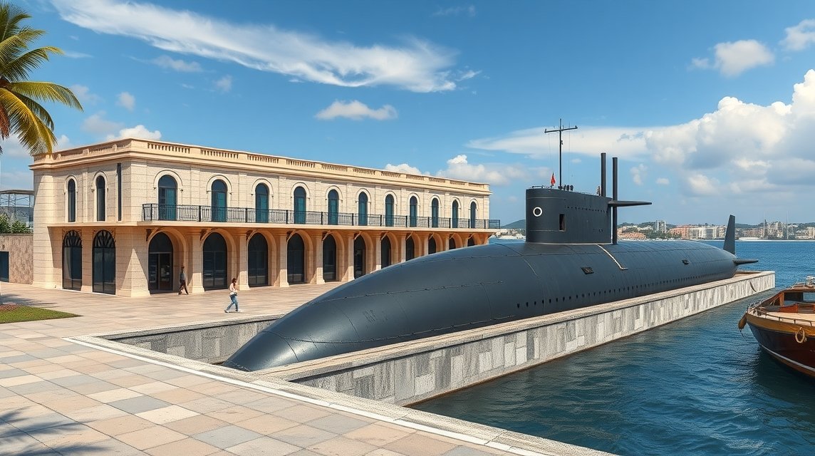 Isaac Peral tengeralattjáró a Tengerészeti Múzeum előtt Cartagenában.