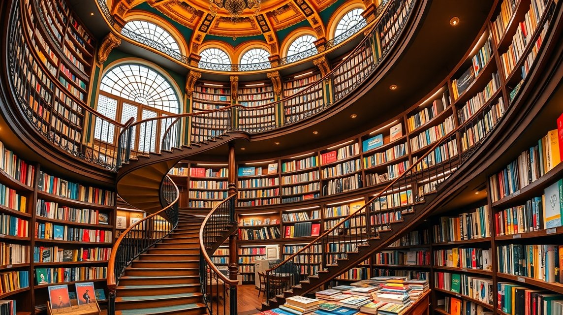 A Cărturești Carusel lépcsői és könyvespolcai Bukarestben.