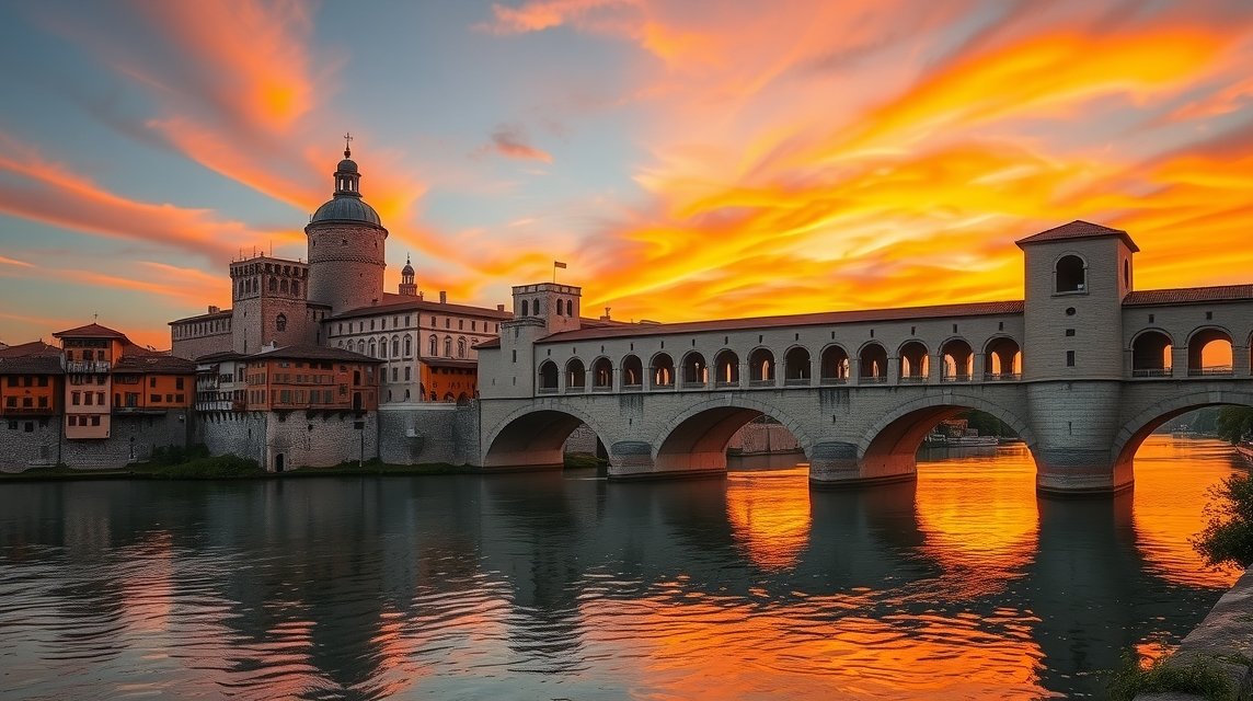 Castelvecchio vára és a Ponte Scaligero Veronában naplementében