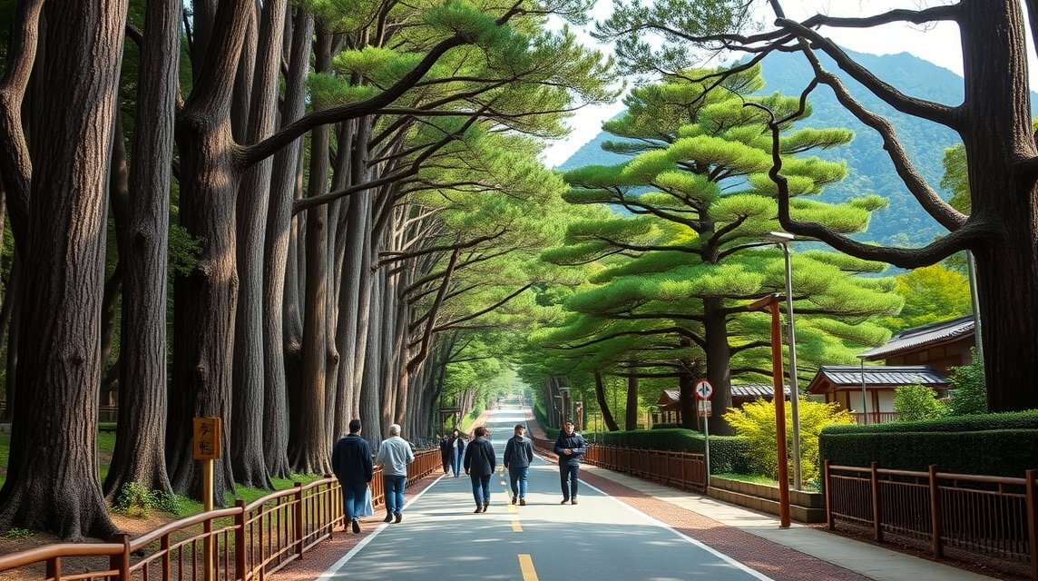 Séta a régi Tokaido úton cédrusok alatt Hakone-ban, Japánban.