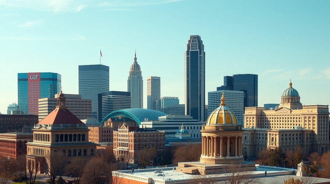 Charlotte városképe, a modern bankközpontokkal és történelmi épületekkel.