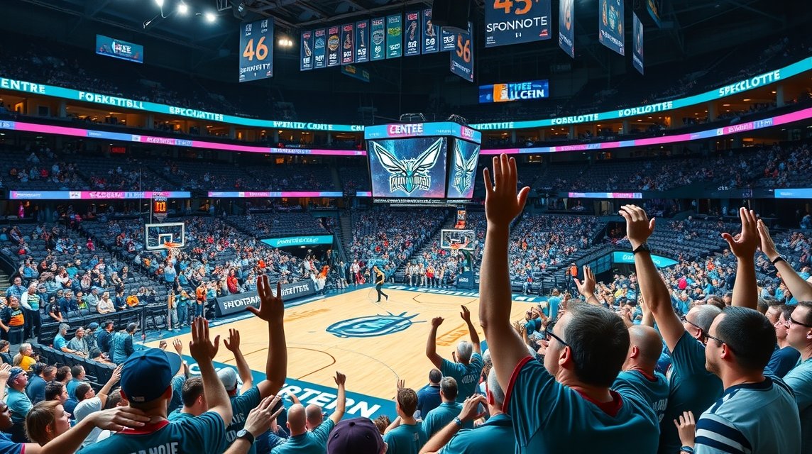 Charlotte Hornets mérkőzés a Spectrum Centerben, lelkes szurkolók között.