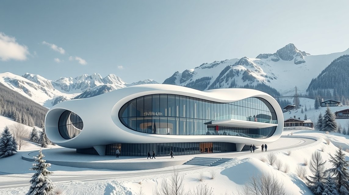 Sankt Moritz látnivalók - Chesa Futura futurisztikus épülete 1 Chesa Futura, futurisztikus épület Sankt Moritz hegyvidéki környezetben.