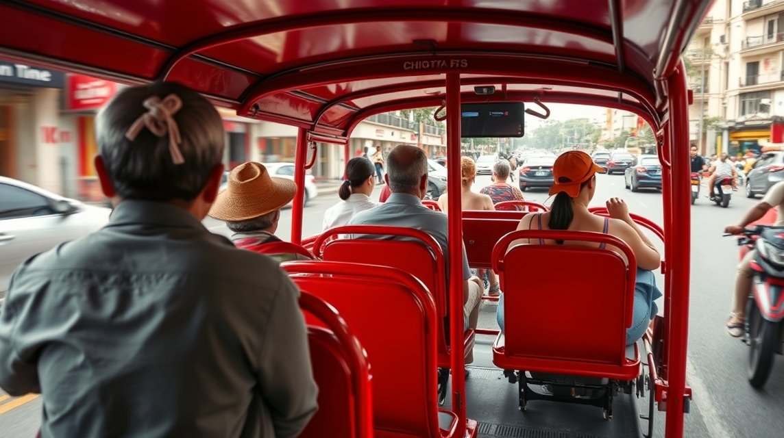 Utazók a Chiang Mai piros teherautójában, Songthaew közlekedés.