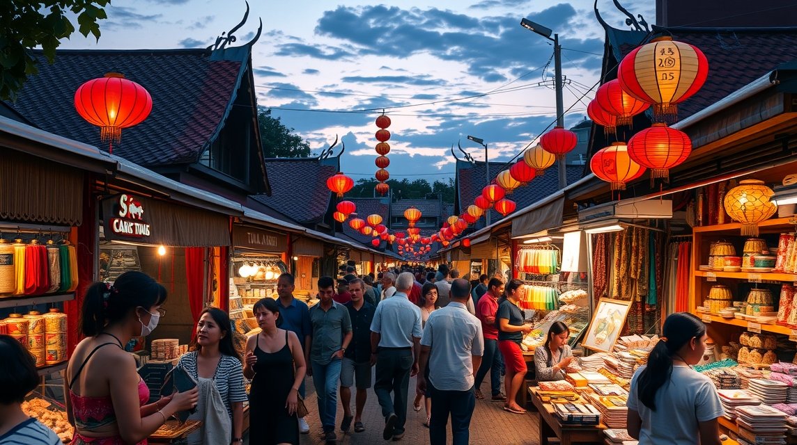 Chiang Mai Vasárnapi Sétálóutca, színes árusok és lampionok