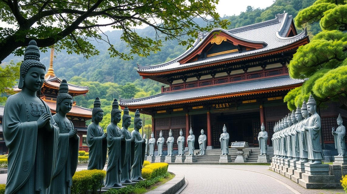 Choanji templom és az 500 tanítvány szobra Hakone-ban, Japánban