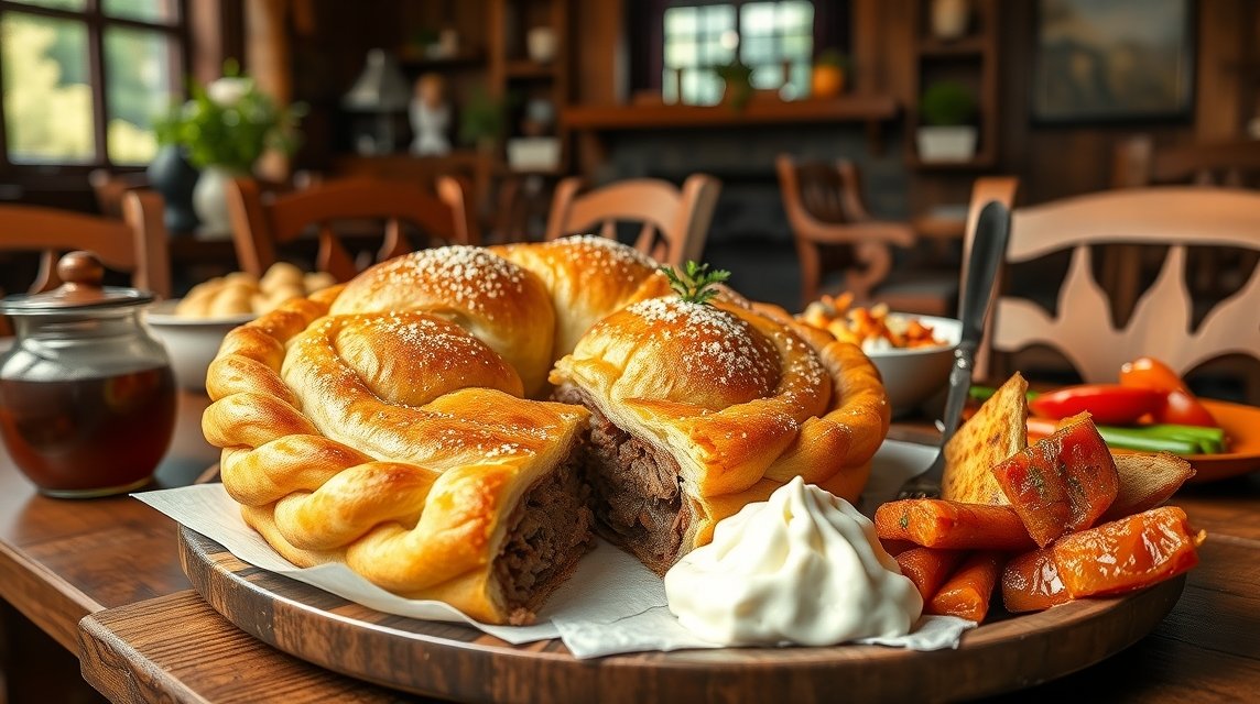 Omlós Chügelipastete húsos pite, friss zöldségekkel tálalva