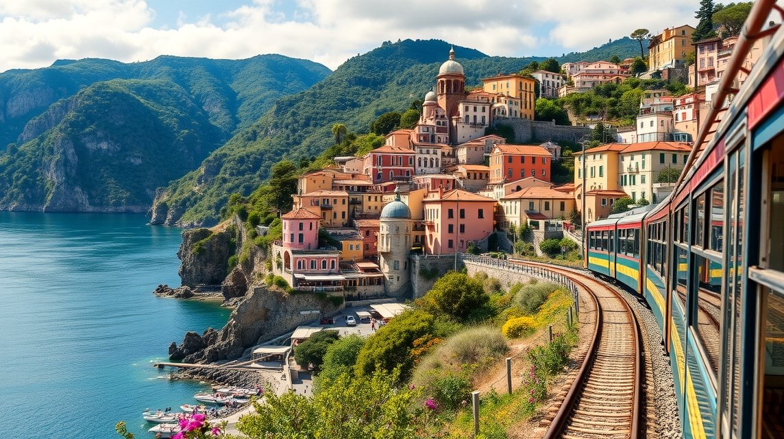 Cinque Terre városai vonatból nézve, gyönyörű tengerpart és hegyek.