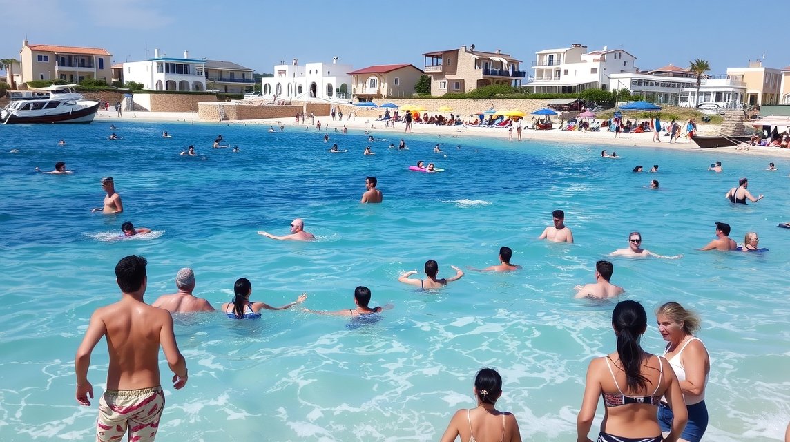 Ciprus tengerpartján úszó emberek a nyári napsütésben.