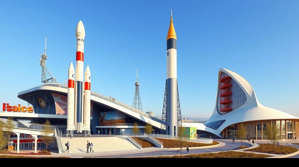 Cité de l'Espace belső udvara rakétákkal és innovatív épületekkel