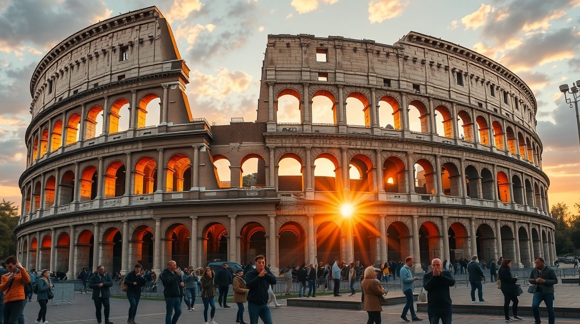 A Római Colosseum naplementében, tele látogatókkal.
