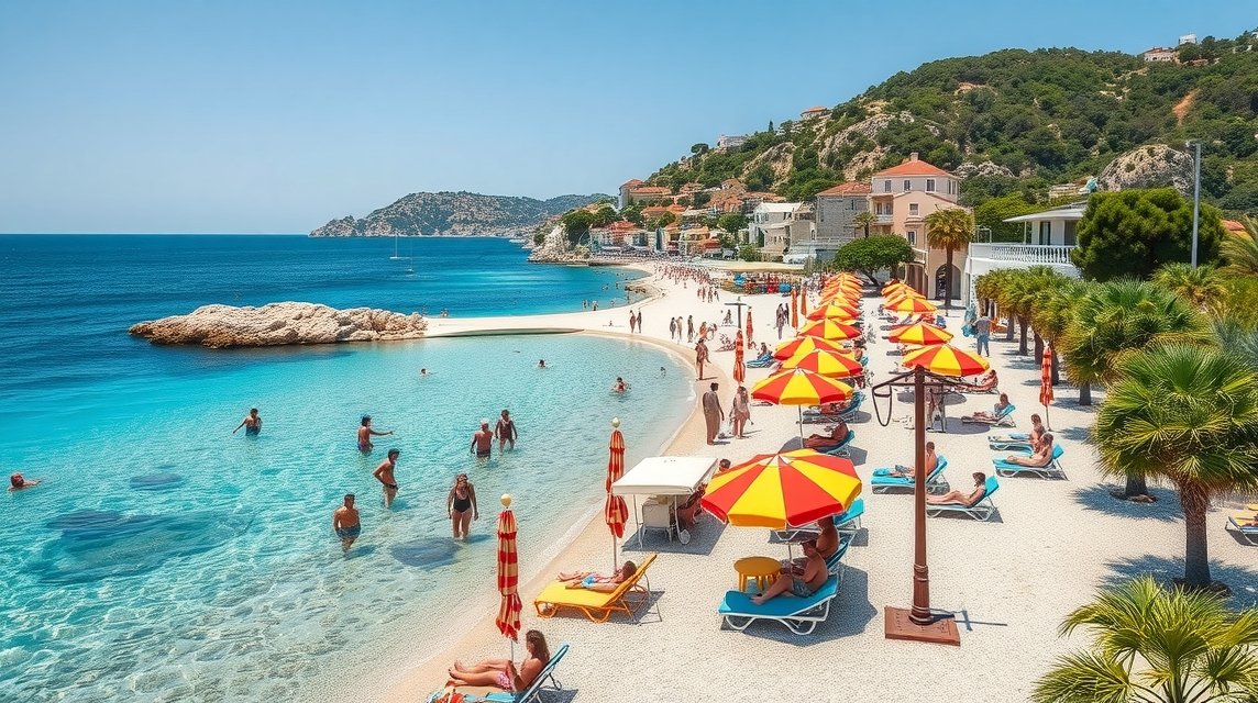 Okrug Gornji Copacabana strand közelről, napernyők és fürdőzők