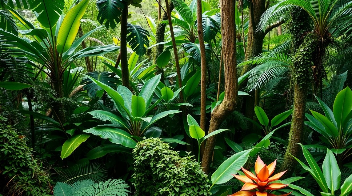 Costa Rica buja esőerdője trópusi növényekkel és virágokkal.