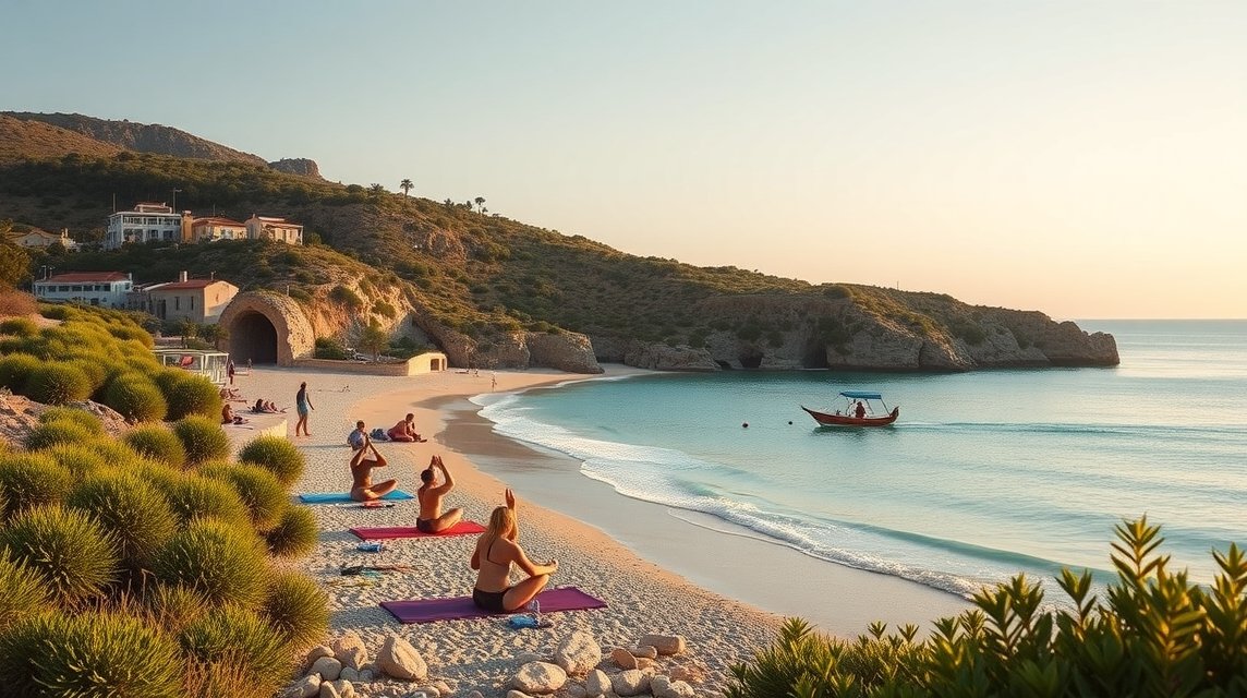 Családbarát jóga a csendes ibizai tengerparton naplementében.