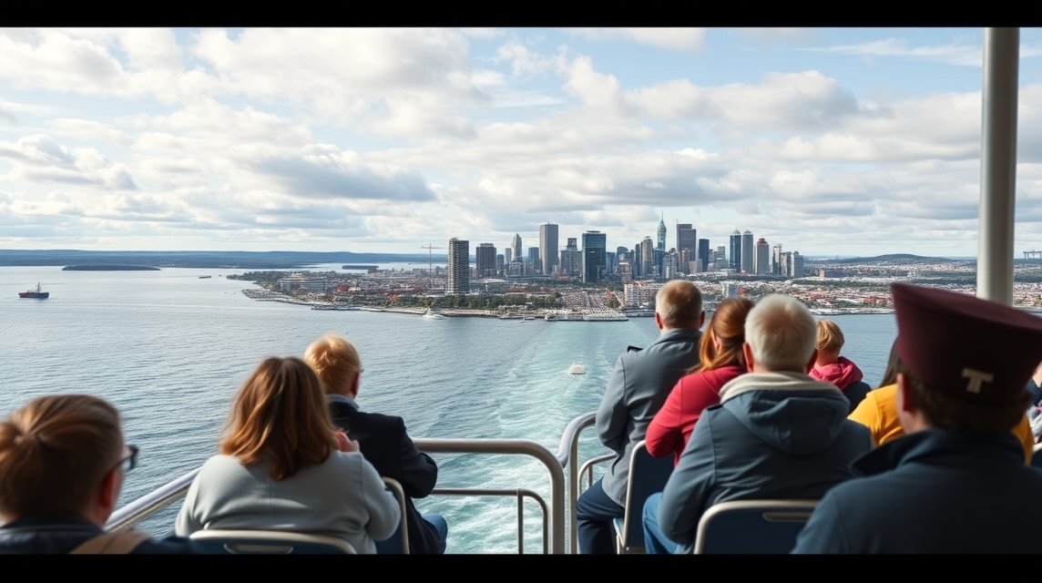Panoráma a Lévis felé kompozó turisták mögött