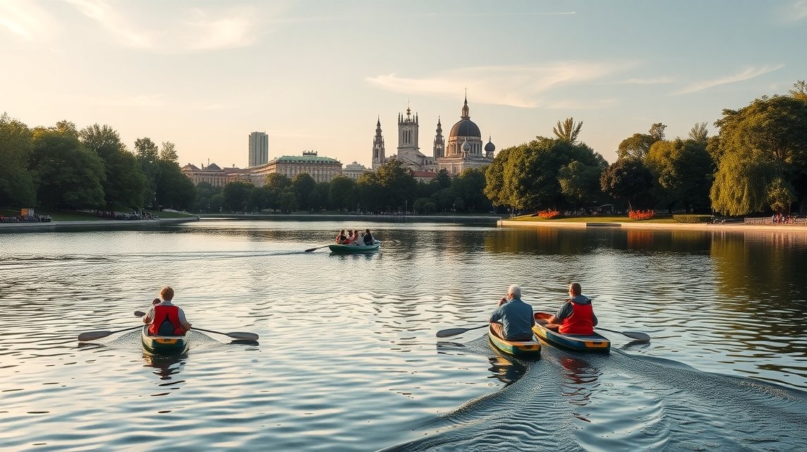 Csónakázás a Herăstrău park taván, Bukarest gyönyörű táján.