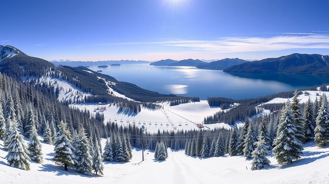 Csorba-tói sípályák hófödte panorámája és fenyőfák a hegyekben
