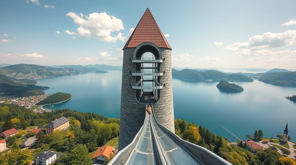 Pyramidenkogel fa kilátó és csúszda a Wörthi-tó felett