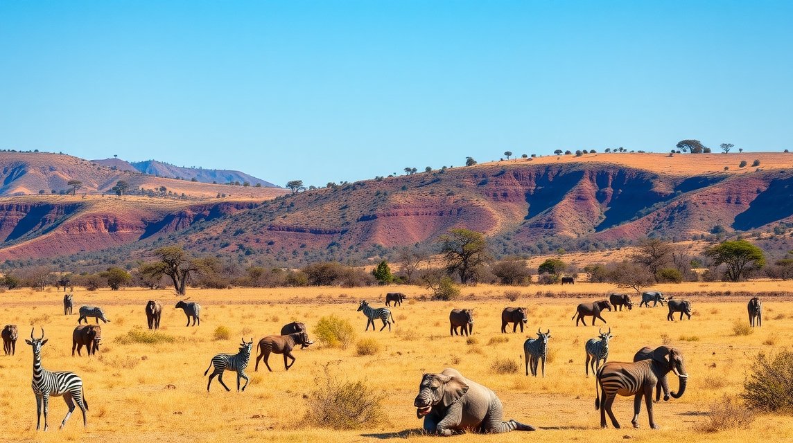Dél-afrikai szafari táj, elefántok és zebrák a napsütésben