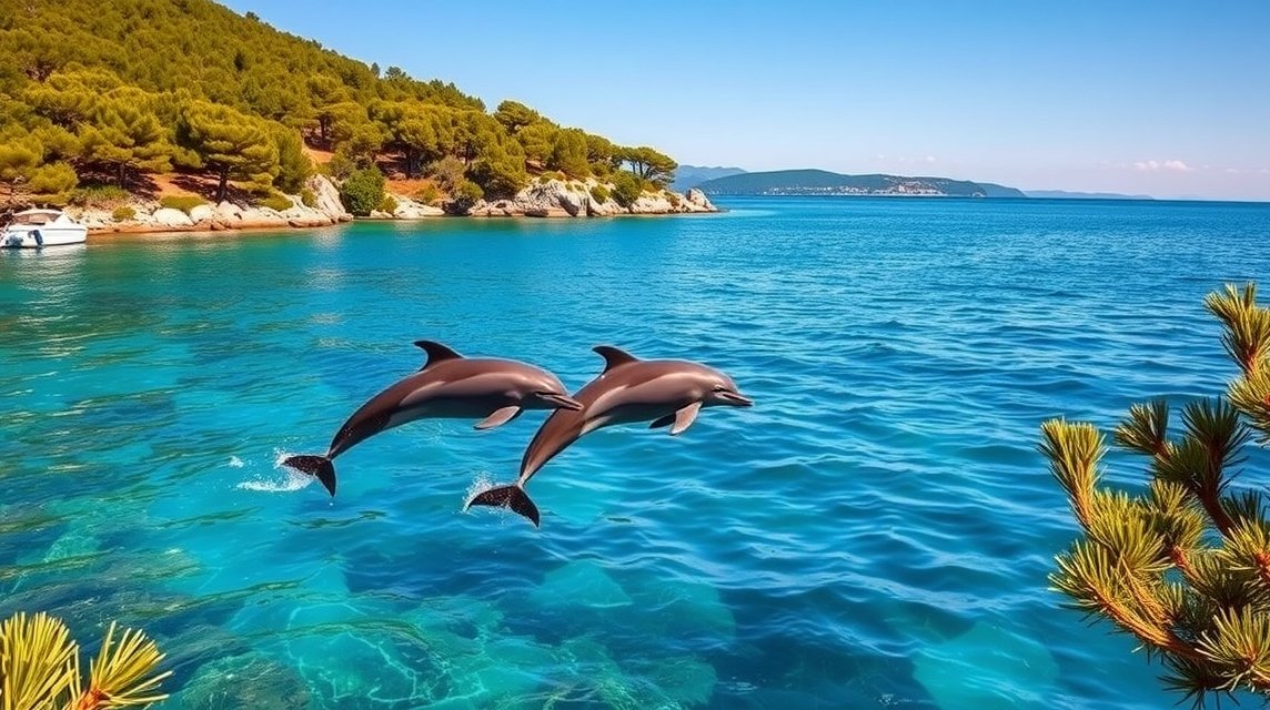 Delfinek ugrálnak a kristálytiszta vízben Lošinjnál