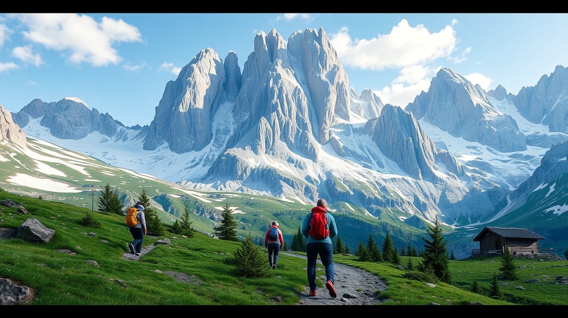 Túrázók a gyönyörű Dolomitokban, hóval borított hegyek mellett.