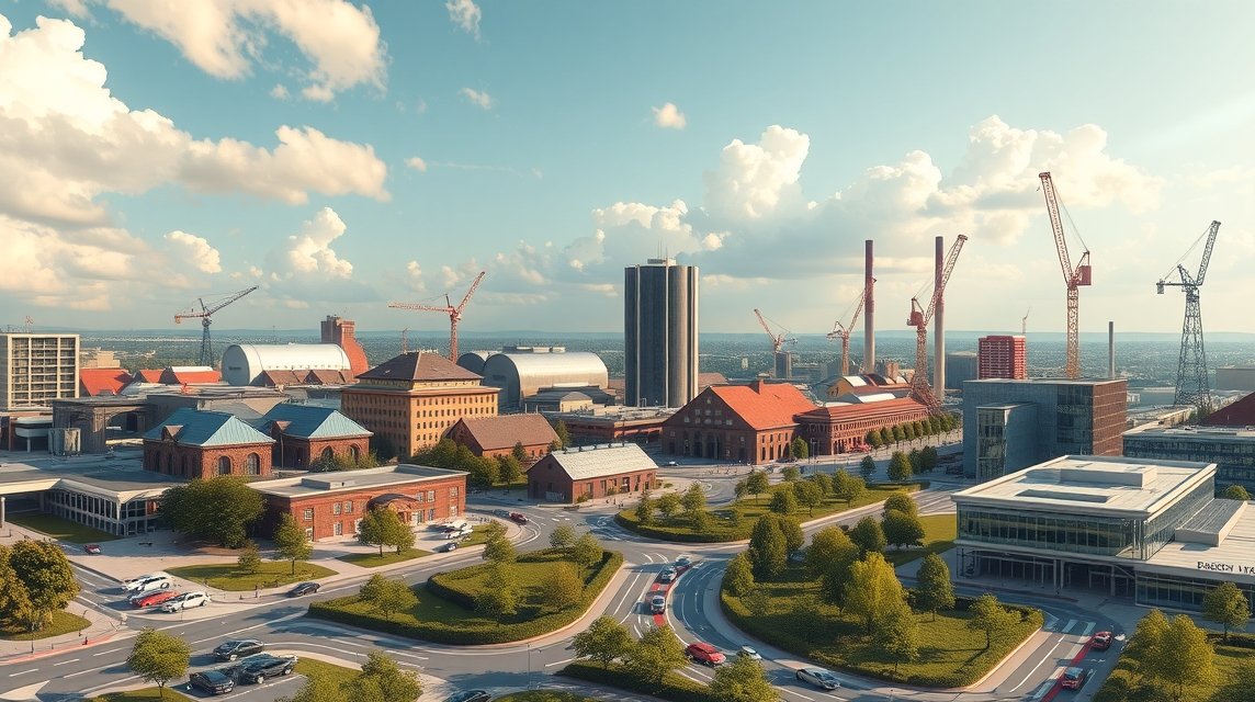 Dortmund városfejlesztésének szíve modern épületekkel és bányászati emlékekkel.