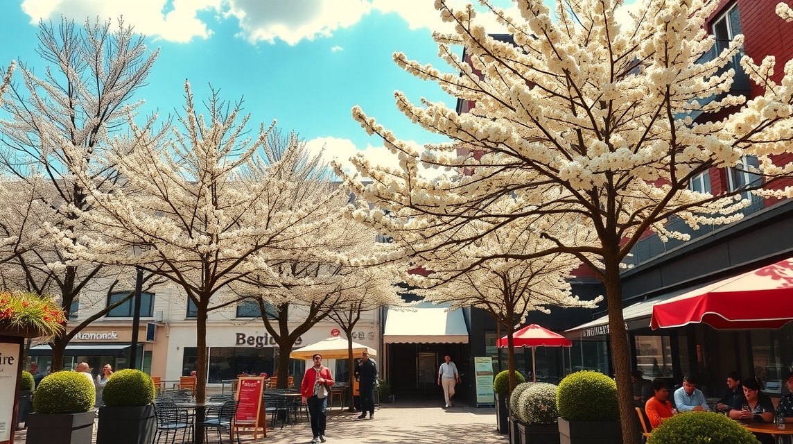 Virágzó fák alatt pihenő emberek Dortmund városában.