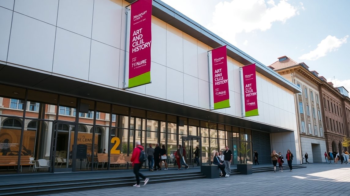 Dortmund Művészeti és Kultúrtörténeti Múzeum külső nézete, érdeklődő látogatók.