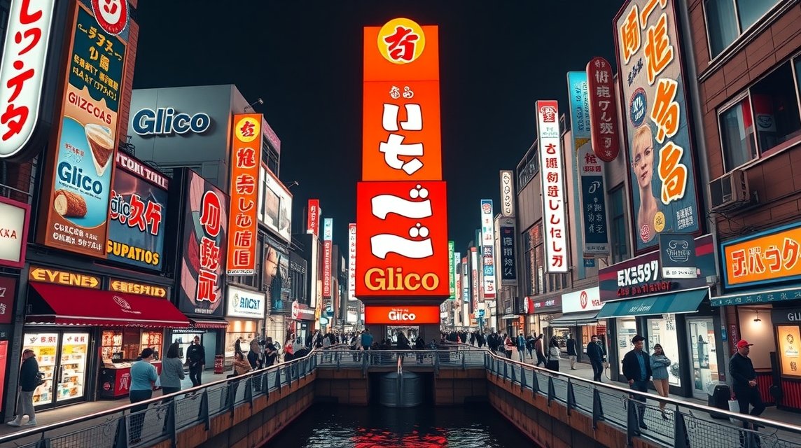 Dotonbori neonfények és Glico reklám az oszakai csatornán