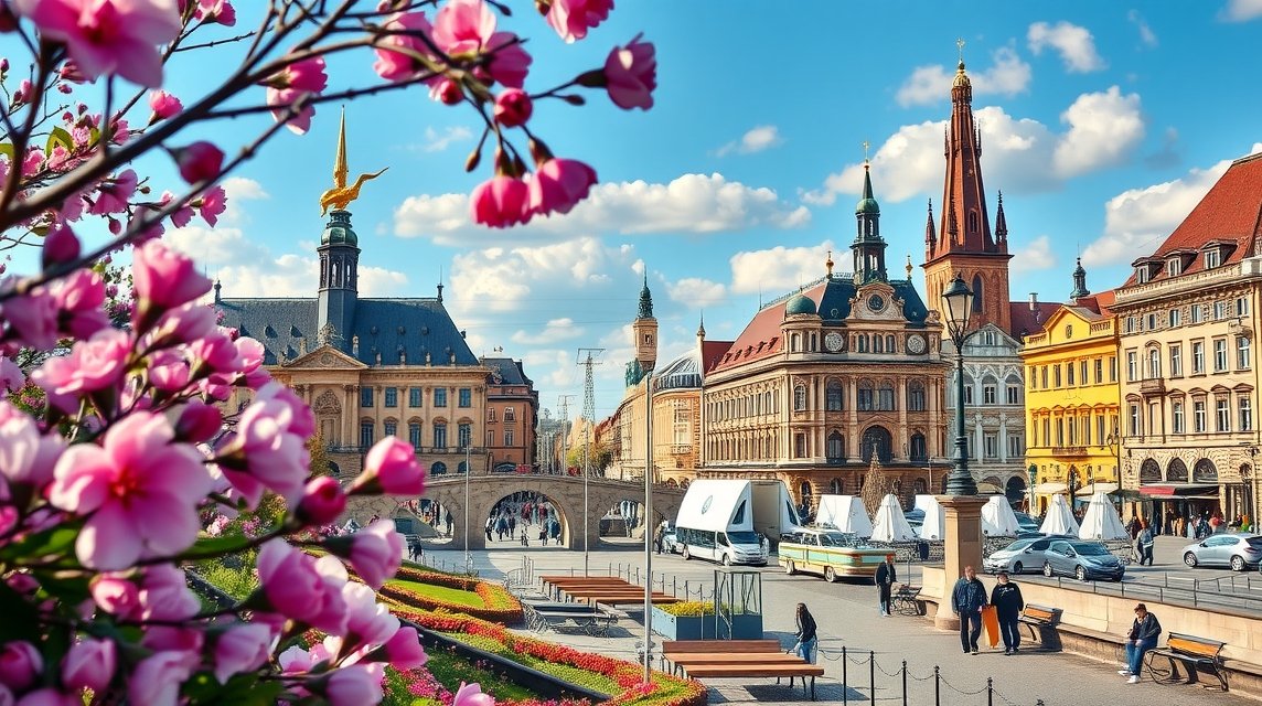 Drezda városképe virágzó fák és napsütés alatt