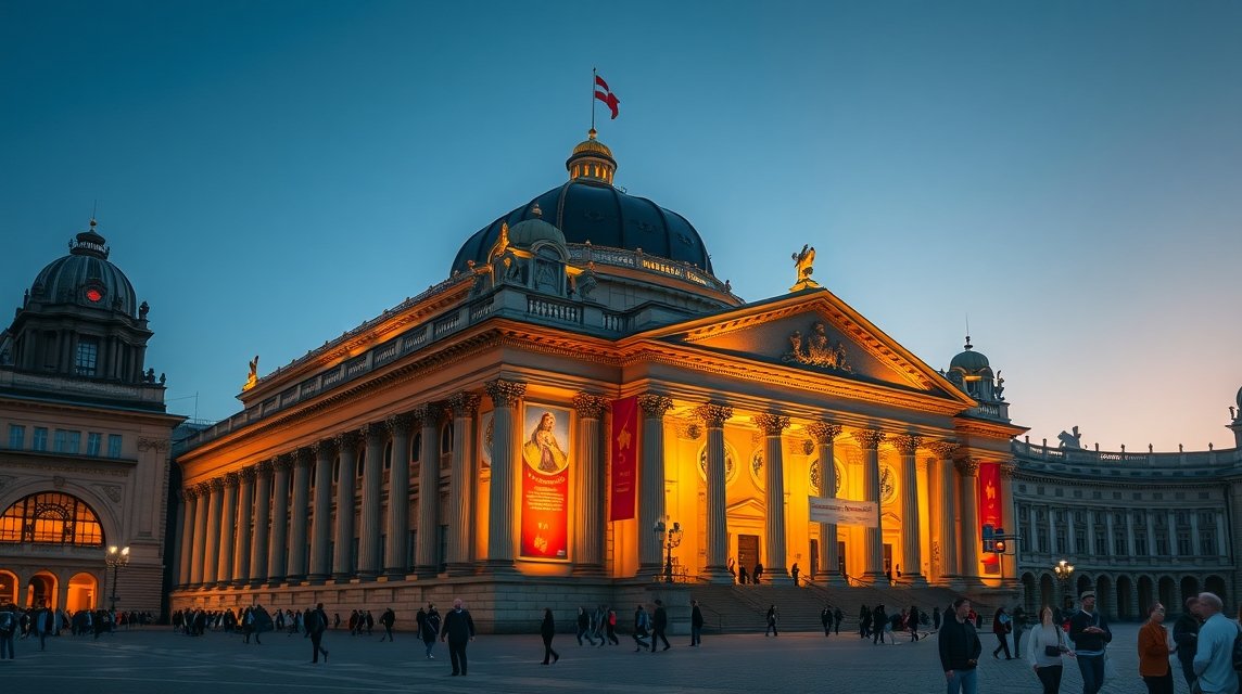 A Semperoper operaház Drezdában, neoreneszánsz építészet éjjel