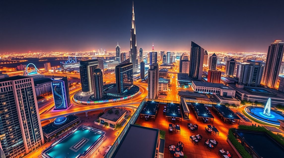 Dubai éjszakai látképe a tetőteraszokról, csillogó fényekkel.
