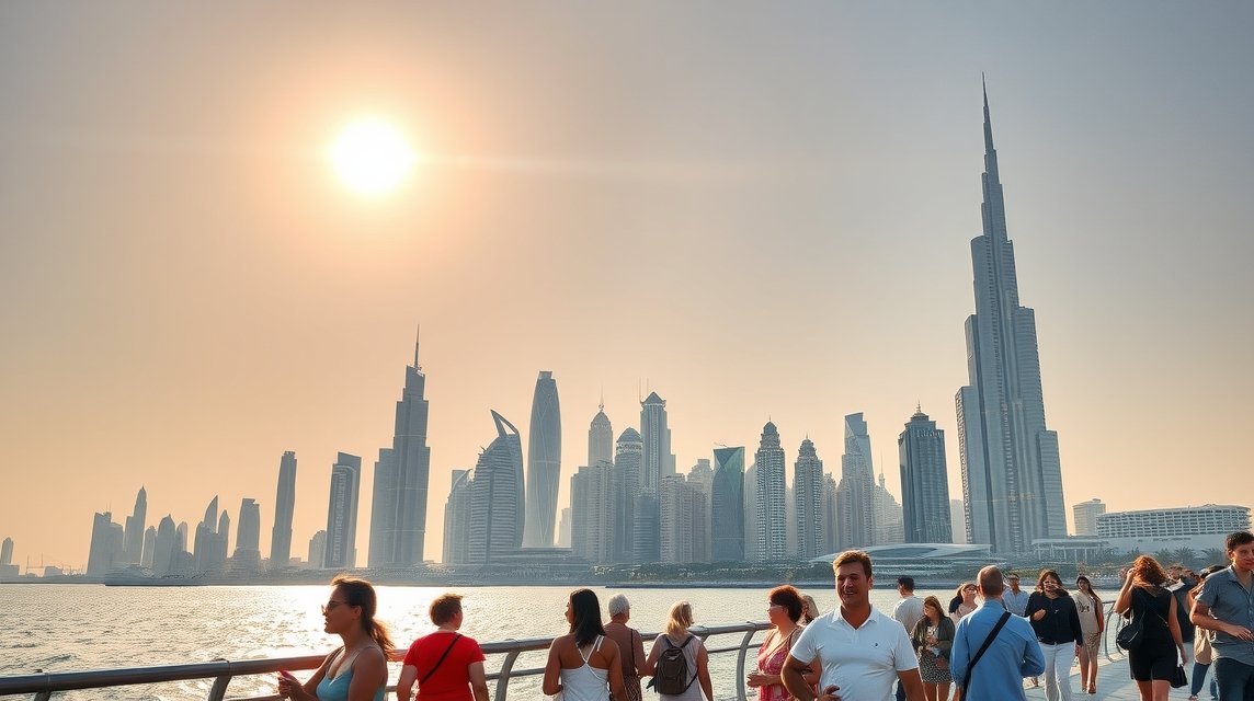 Dubai városképe turista csoportokkal a Burj Khalifa mögött.
