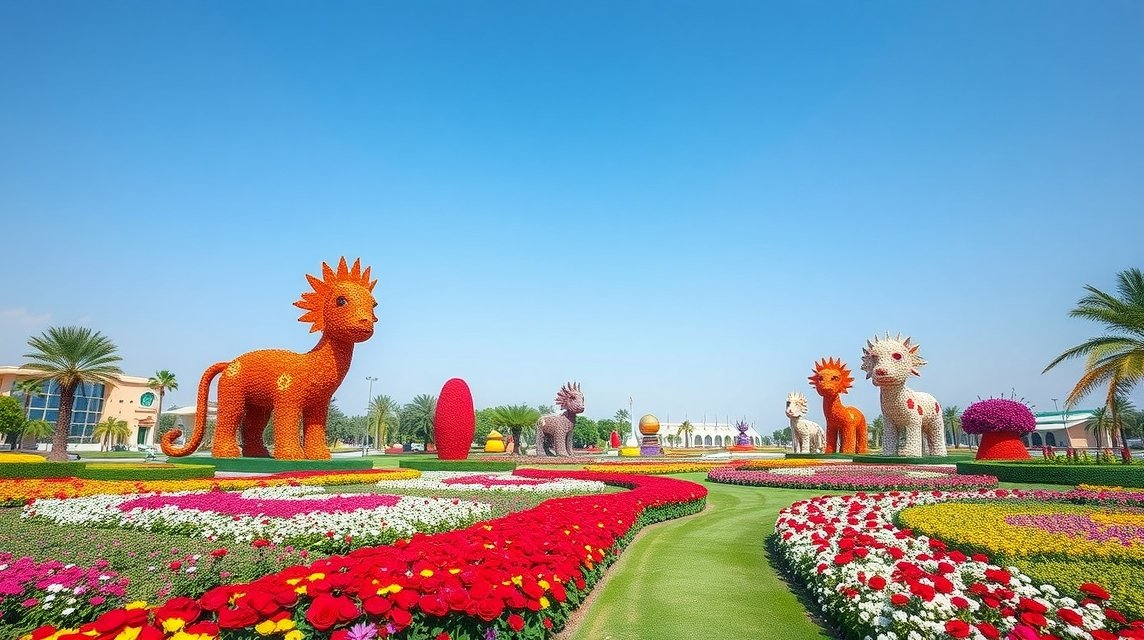 Miracle Garden színes virágoskertje és szobrok Dubajban