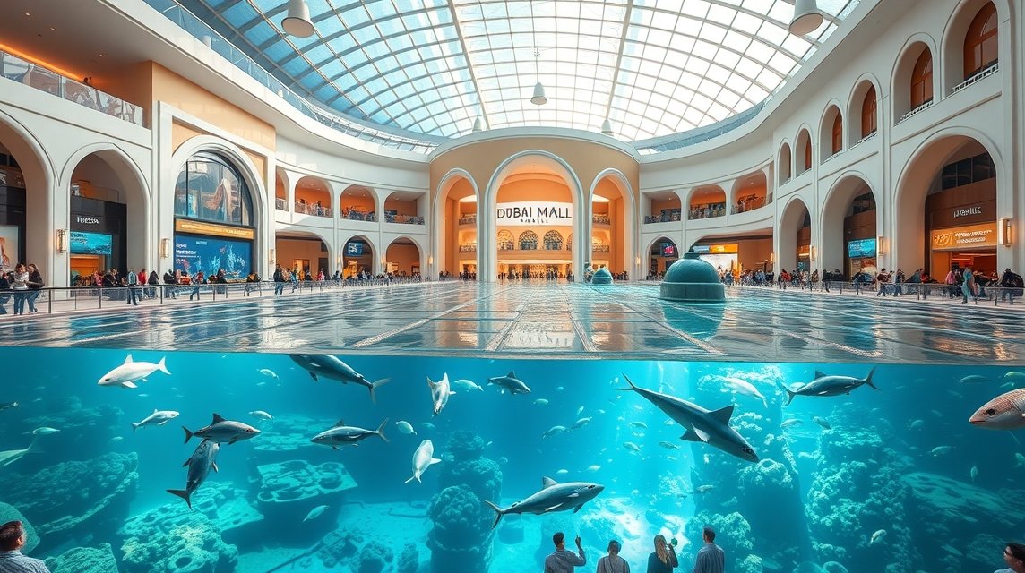A Dubai Mall belső tere és óriásakváriuma, cápák és ráják alatt.