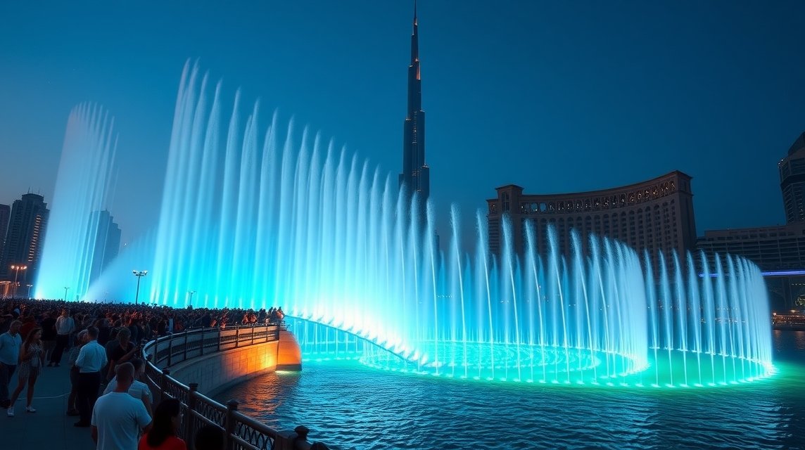 A Dubai Szökőkút esti show a Burj Khalifa tövében, táncoló vízoszlopok és fények.