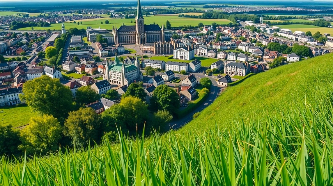 Kiváló kilátás a zöld fű és a város mögött.