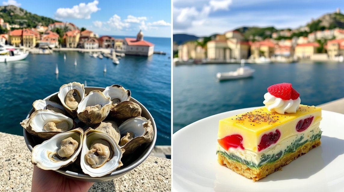 Friss osztrigák Stonból és Rožata desszert a tenger mellett