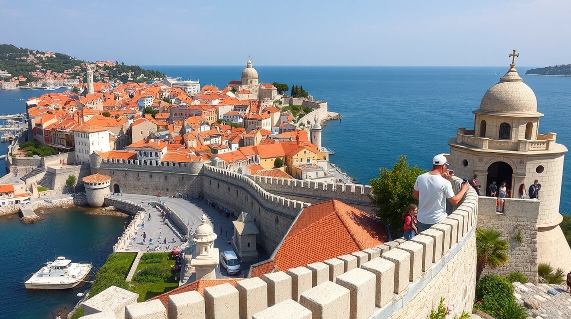 Látkép Dubrovnik városfalairól, tavaszi napsütésben.