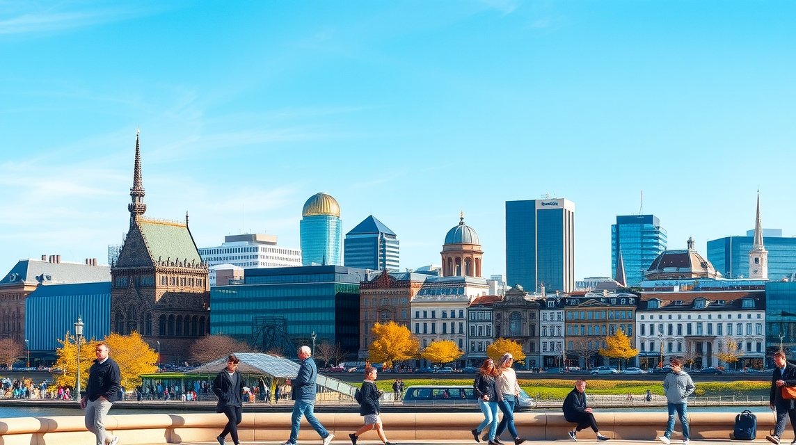 Düsseldorf városkép sétáló emberekkel napsütésben