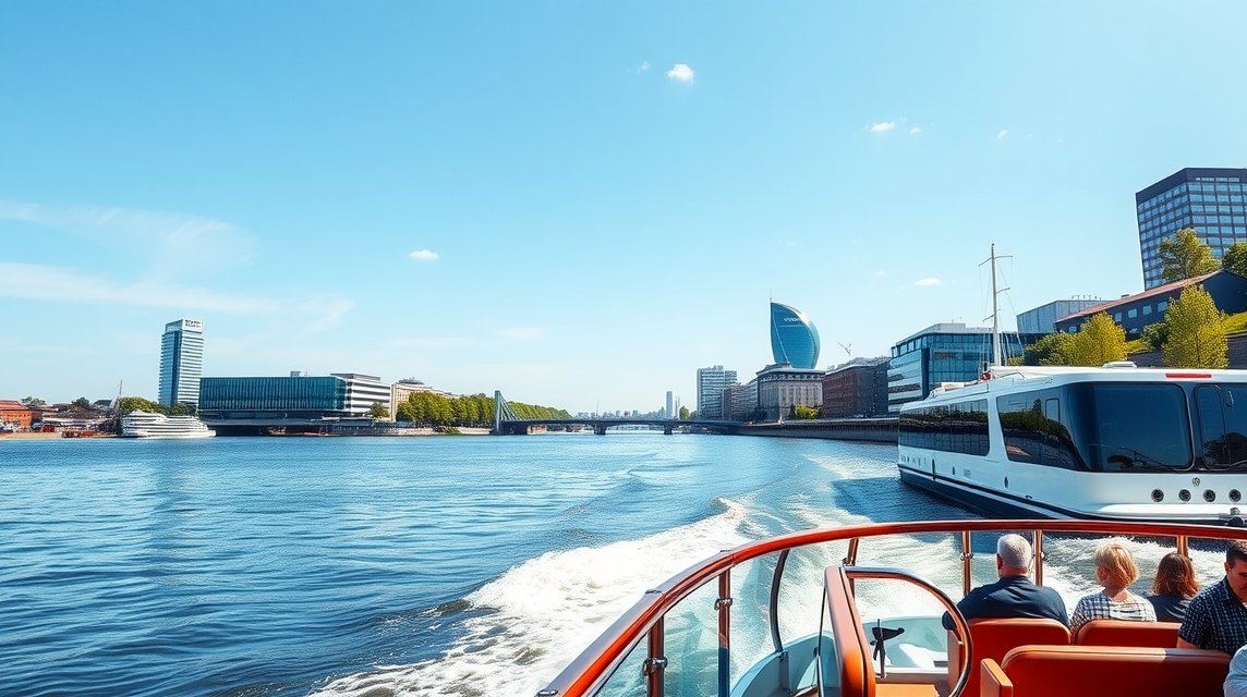 Düsseldorf közlekedés - Hajókirándulás a Rajnán 1 Hajókirándulás a Rajnán Düsseldorfból, modern kikötők és belvárosi panoráma.