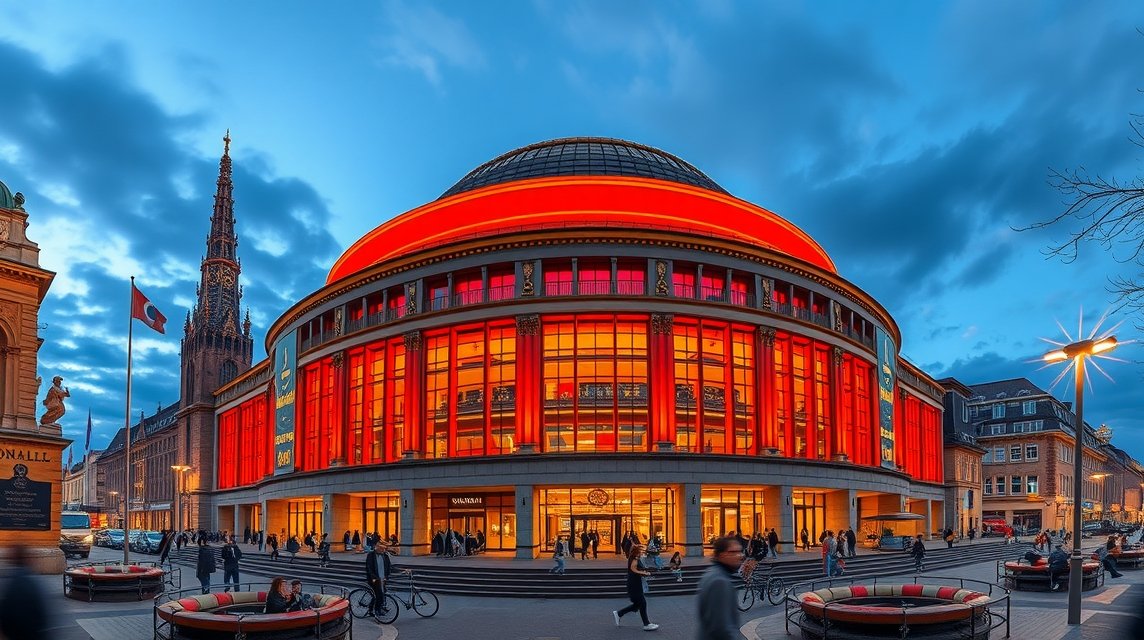 A Tonhalle koncertterem impozáns épülete Düsseldorfban.