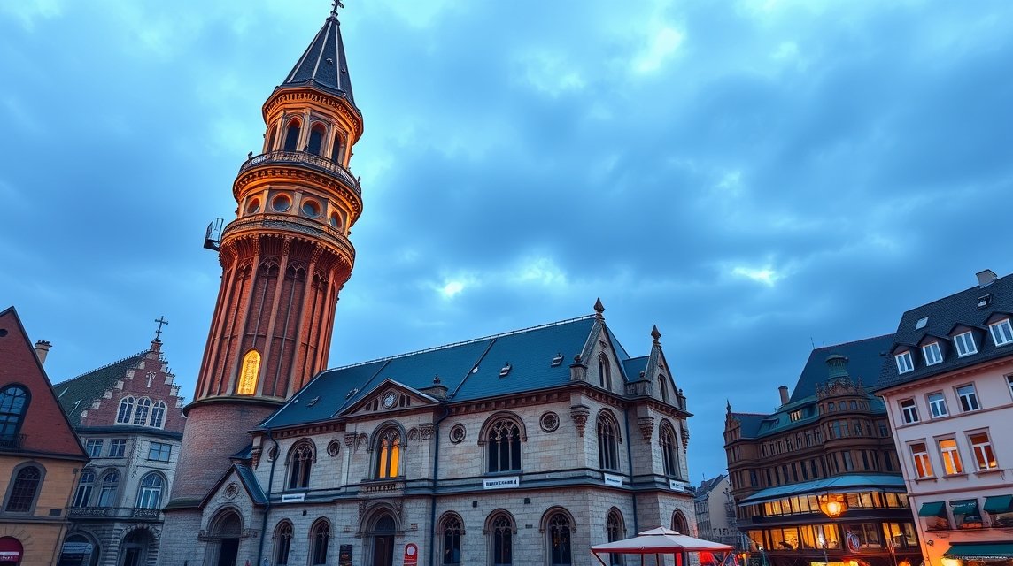 Düsseldorf látnivalók - Szent Lambert-templom ferde tornya 1 Düsseldorfi Szent Lambert-templom ferde tornya naplementében